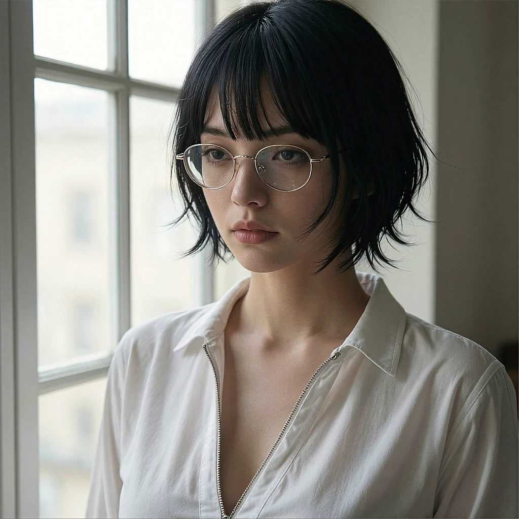 Fictional AI character with a short black bob and round glasses in a white shirt, beside a bright window