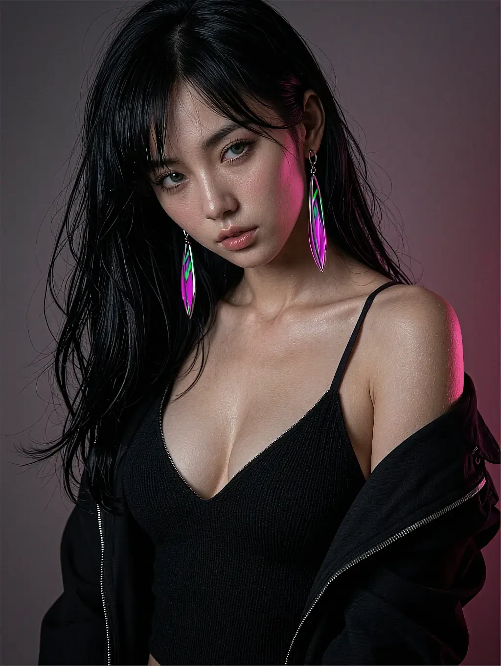 Fictional AI character in a black top and long pink earrings against a dark background