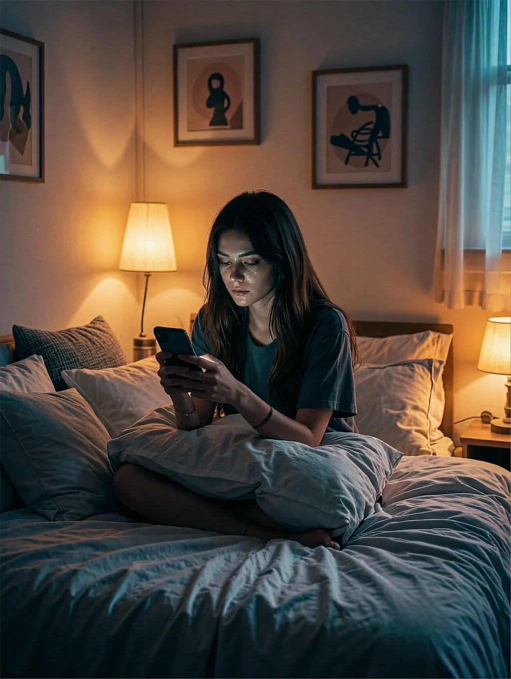Fictional AI character sitting up in bed at night with a phone, a lamp on either side