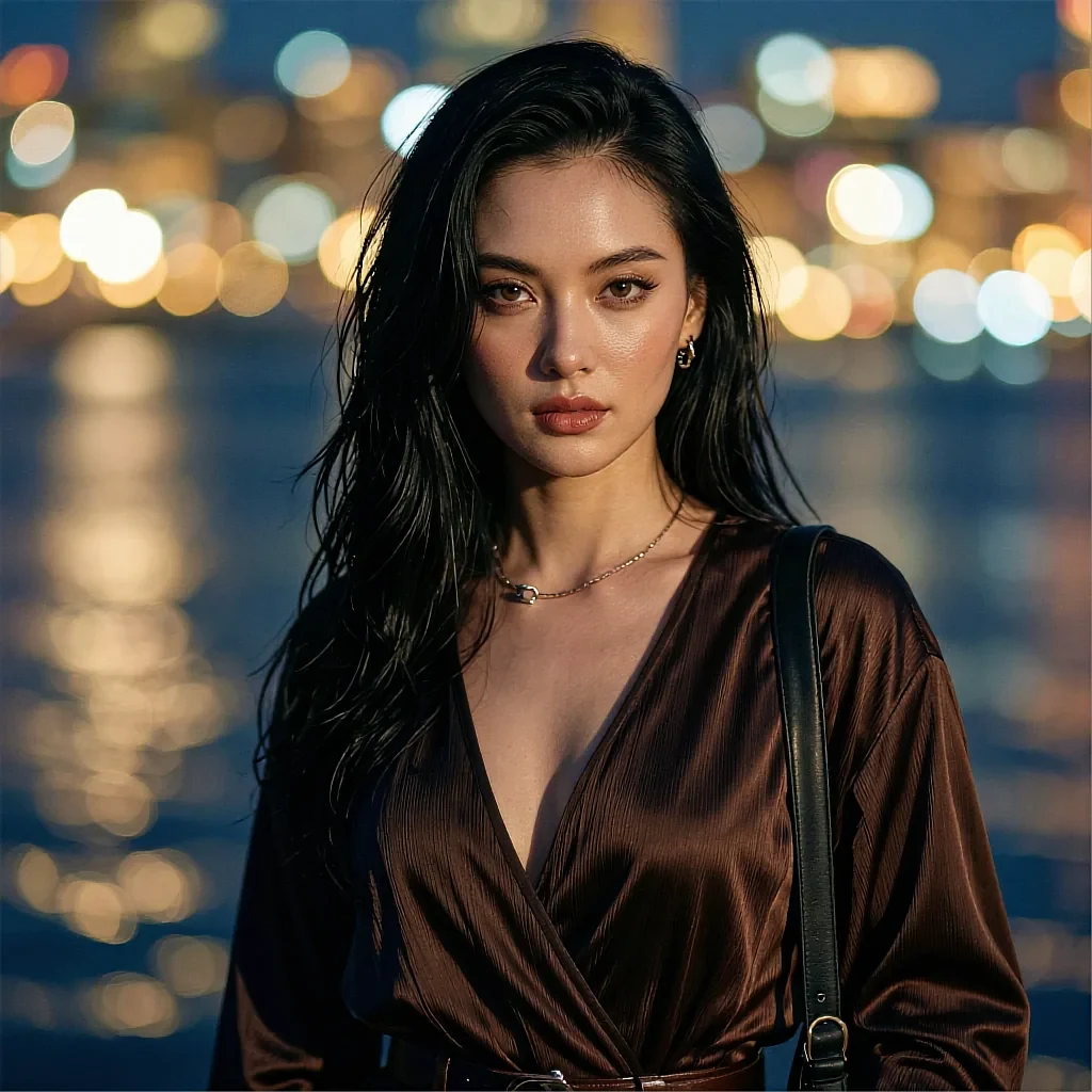 Fictional AI character in a brown satin wrap top with a bag strap, night city lights blurred behind